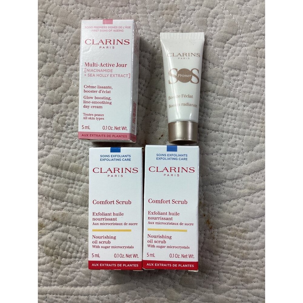 Set of 4*Clarins  SOS Primer/ 2 Comfort Scrub/ Multi-Active Day Cream Travel*New
